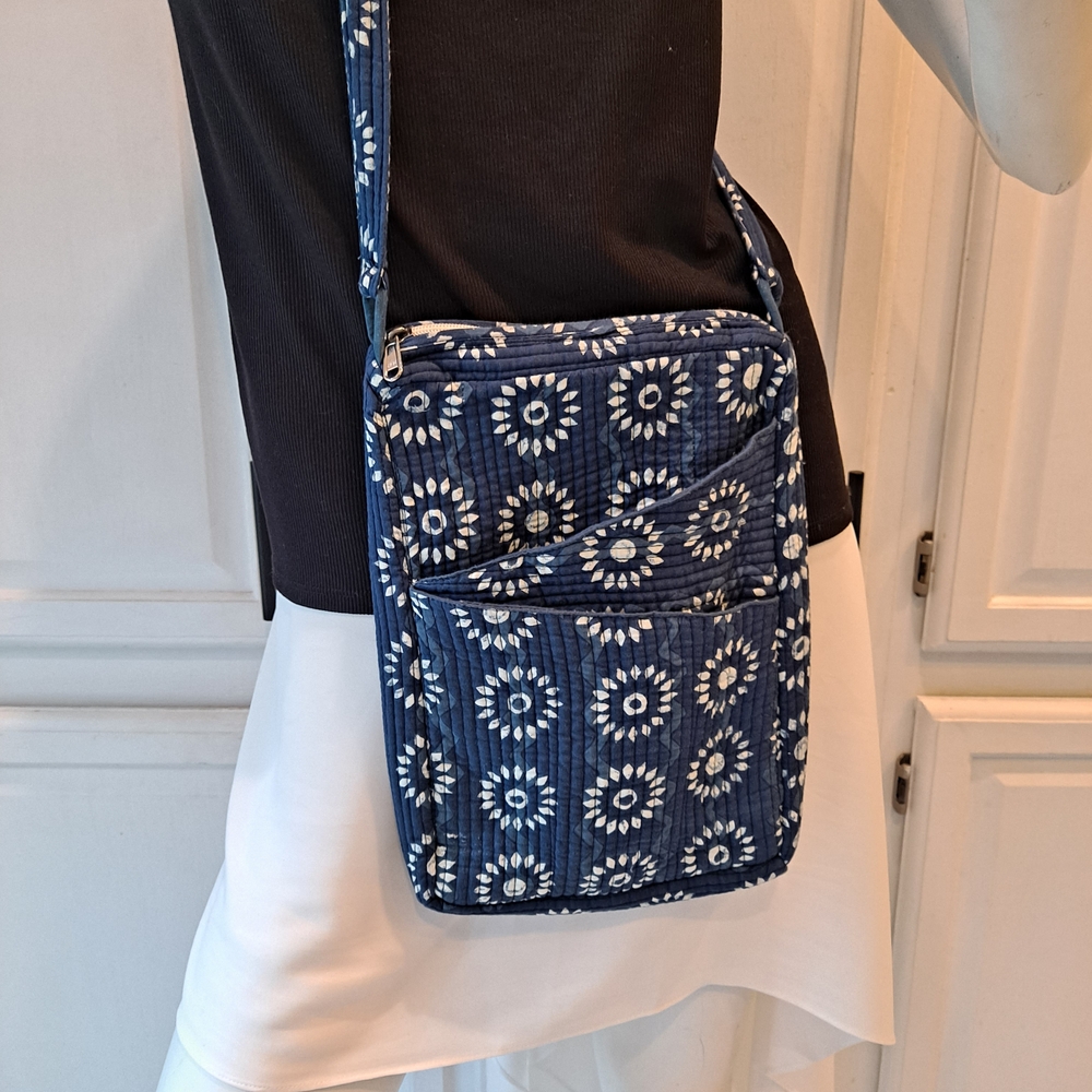 Quilted Navy White Floral Cotton Crossbody Shoulder Bag